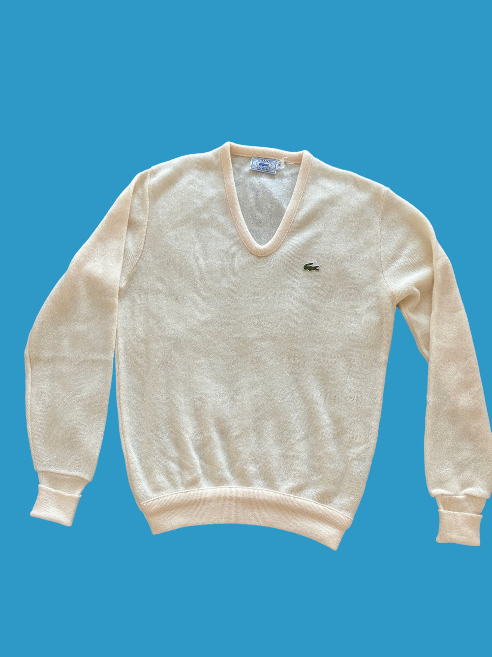 Lacoste Men's Cream V-Neck Sweater with Green Crocodile Logo